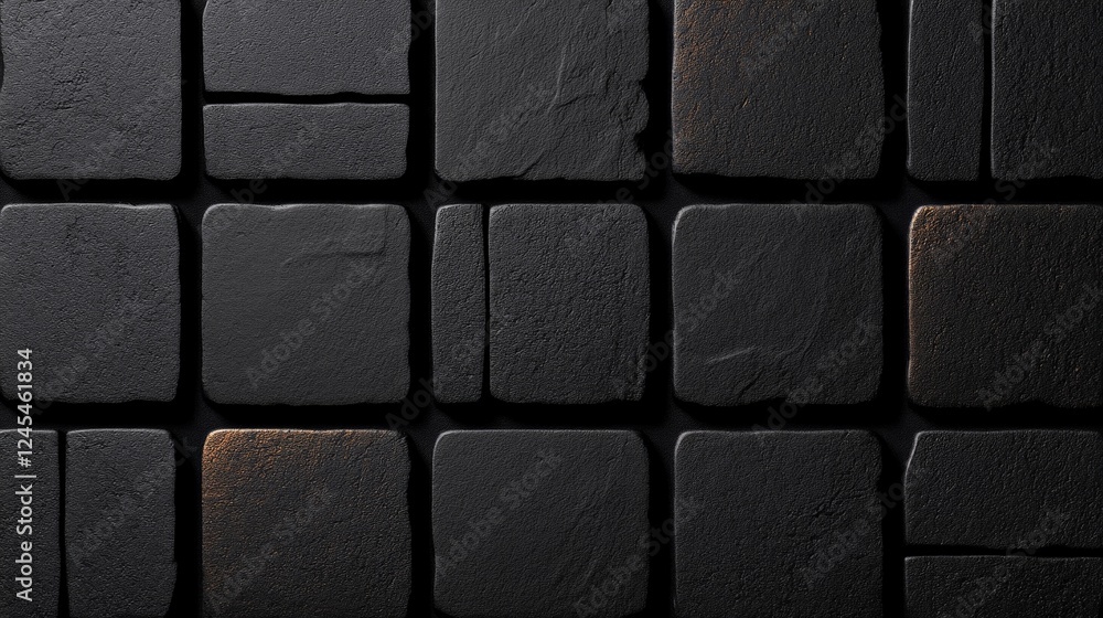 Aufkleber black stone texture: a seamless repeating pattern of dark, unevenly cut stone blocks, each displayin