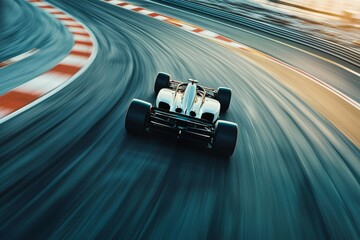 Formula 1 car speeding around a bend on a track.