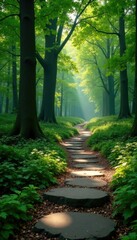 Obraz premium A winding stone pathway through a forest of trees, scenery, trees