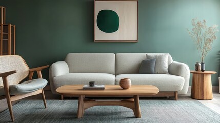 Wooden coffee table and lounge chair near grey sofa against green wall in a Scandinavian living room