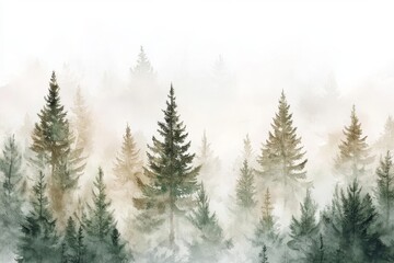 Obraz premium Watercolor foggy forest landscape illustration. 