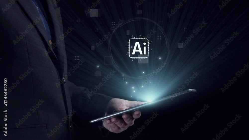 Poster human interact with ai artificial intelligence brain processor in concept of ai artificial intellige