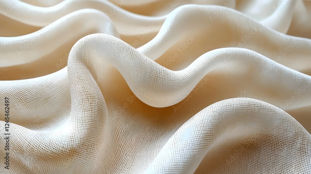 Poster close-up of soft, flowing beige fabric with intricate wave patterns, creating a calming and elegant 