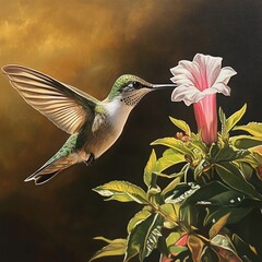 Fototapeta premium A Hummingbird's Graceful Dance Among Blossoms: A Vibrant Masterpiece of Nature's Beauty