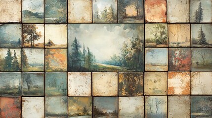 Rustic landscape paintings arranged harmoniously evoke serene beauty. AI Generated
