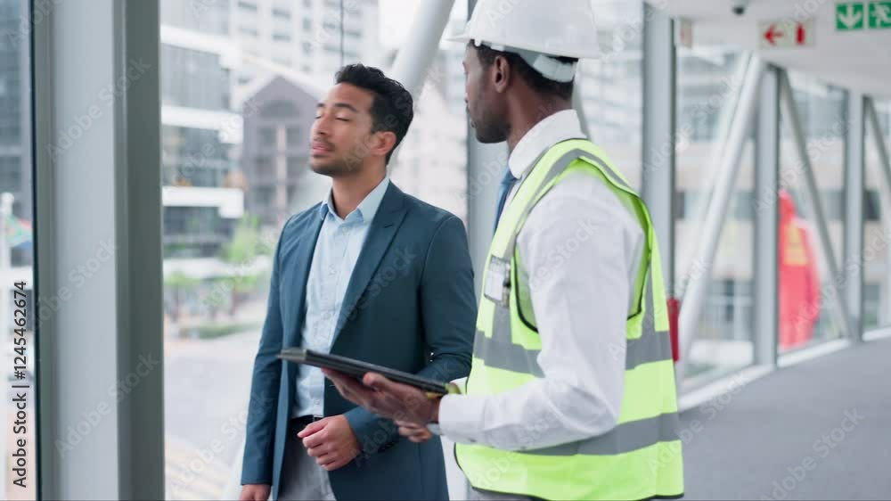 Leinwandbilder tablet, teamwork or construction with a manager and architect in a building for planning a developme