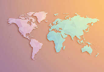 A colorful world map made of triangles. The map is divided into four sections, each with a different color. pastel color