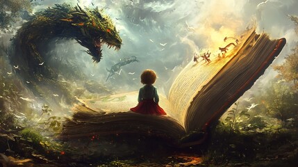A Child's Imagination: Worlds Unfold within a Giant Storybook and a dragon