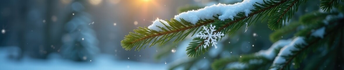 A snowflake gently falling on a branch with some presents under the tree, branch, winter, greenery
