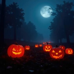 Fototapeta premium A softly lit ring of jack o lanterns glows in the foggy night, spooky, nighttime, glowing