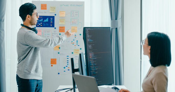 Group adult Asia male female software developers mentor leader manager talk strategy plan to executive write prompt AI bot IT app program nomad, video game, data center. Whiteboard slideshow code.