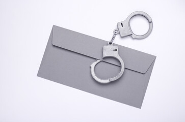 Handcuffs with envelope on white background