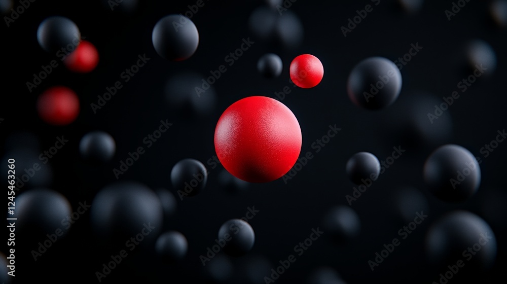 Poster red and black spheres in space: abstract image of red and black spheres floating in dark space, crea