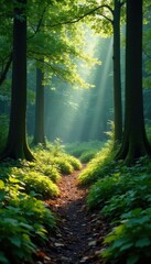 Naklejka premium A small clearing in the forest with sunlight filtering through, forest floor, woodlands