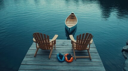 Fototapeta premium Calm lake view with canoe and Adirondack chairs on dock.