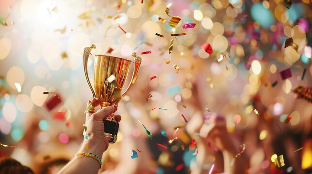 A magnificent golden trophy standing triumphantly in the midst of a glorious glittering confetti celebration. The shiny trophy represents victory and achievement, while the flying confetti adds a sens