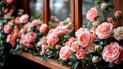 Stunning Pink Roses on Wooden Window Sill: Romantic Floral Decor, Wedding, and Spring Photography