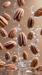 Fototapeta premium Fresh pecans splashing into water, creating a vibrant, dynamic scene.