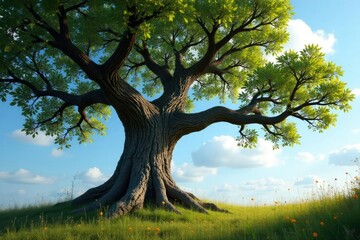 Fototapeta premium Ancient tree with weathered bark and gnarled branches stretching towards the sky, ancient, natural, tree