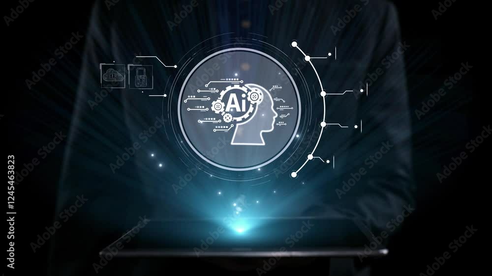 Poster human interact with ai artificial intelligence brain processor in concept of ai artificial intellige