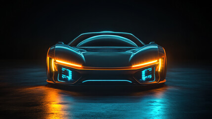 Luxury sports car, illuminated by blue lights