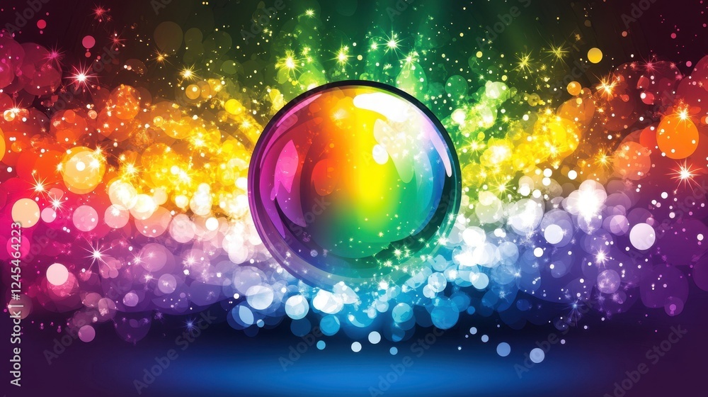 Wall mural A shimmering disco ball reflecting rainbow colors on a vibrant dark background filled with sparkles and glowing lights