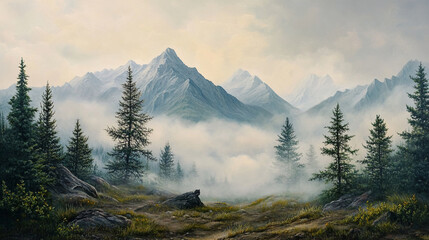Breathtaking Mountain Landscape with Glowing Sunrise Sky and Misty Evergreen Forests mountain landscape