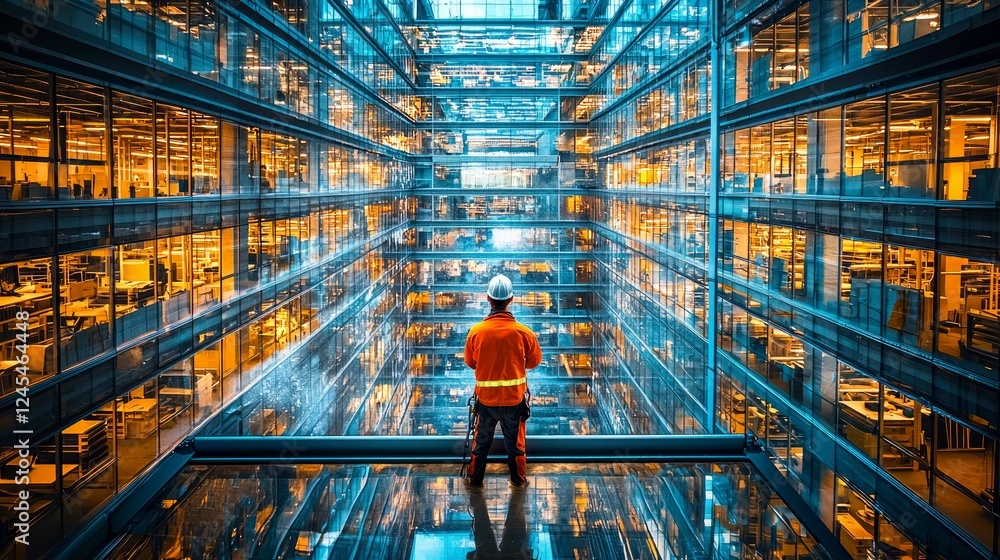 Poster modern architecture: a construction worker's view from inside a futuristic glass building. the image