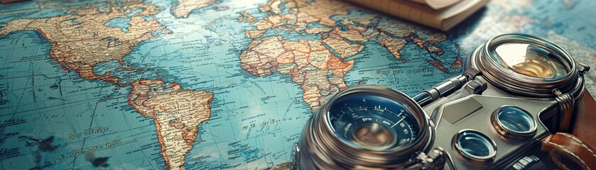 Obraz premium Vintage compass on world map, travel planning, adventure background