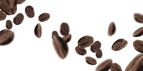 Flying roasted coffee beans scattered on white background in dynamic composition. Brown aromatic grains motion pattern with blurred elements for cafe menu banner or product packaging design.