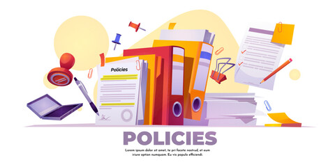 Document procedures composition with policies folder, colorful binders, stamp, signature pen, paper clips, sticky notes and checklist. Office paperwork element for business legal regulation compliance