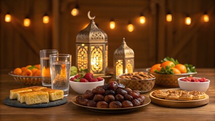  A beautifully arranged iftar meal with dates, water, and traditional Ramadan foods, set on a wooden table with warm golden light