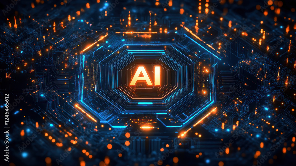 Poster abstract futuristic digital background with a glowing circuit board and the text 