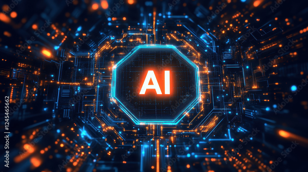 Poster abstract futuristic digital background with a glowing circuit board and the text 