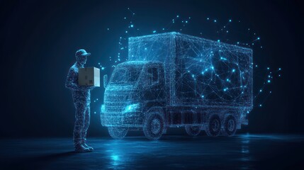 Digital delivery man with glowing polygonal truck.