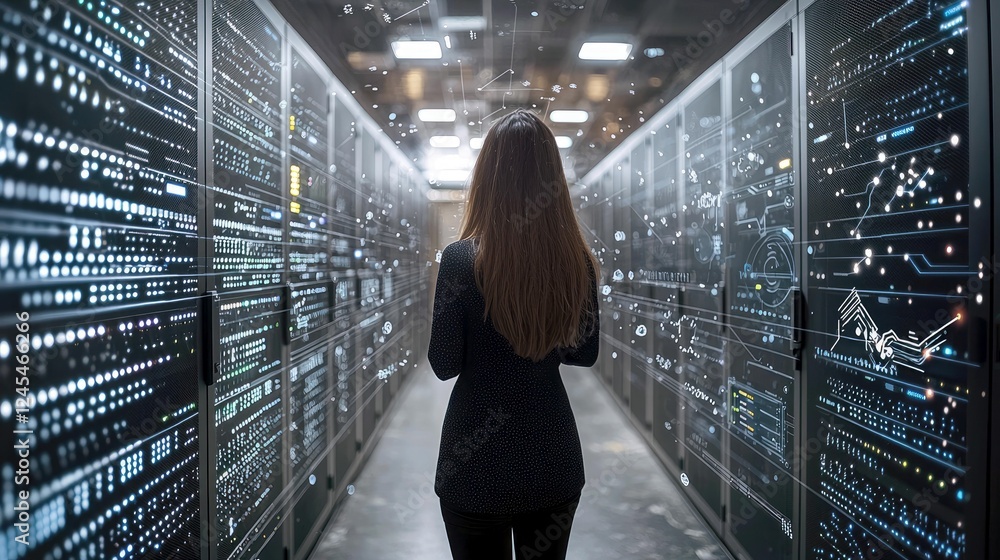 Poster woman walking through modern data center: exploring the future of technology and digital transformat
