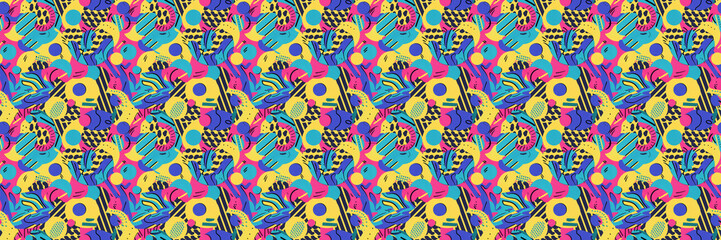 Seamless pattern with geometric shapes in the style. Multicolored vintage background with triangles, circles and squares for textile, fabric and Sudanese fabric art.