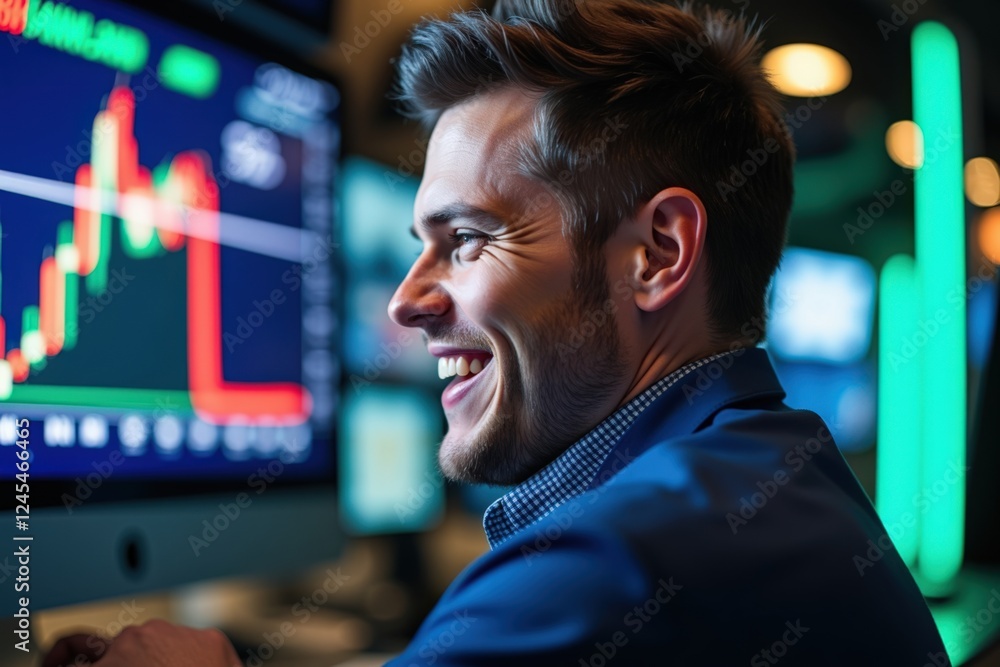 Poster focused male trader analyzing financial market data on computer screen in modern financial office en