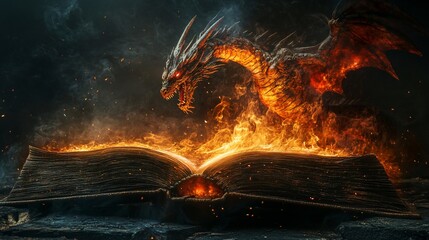 Fiery dragon emerging from an ancient book of spells in a mystic setting
