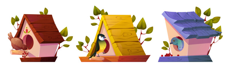 Cartoon birdhouse collection with perched birds, wooden roofs, decorative leaves and food berries. Colorful nesting boxes for garden decoration. Nature care elements - cute birdcage with animals. © klyaksun