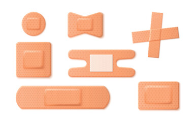 Medical bands set isolated on white background. Vector realistic illustration of first aid plaster, sticky bandage, adhesive strip for skin wound treatment, emergency care patches of different shape