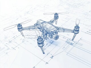 Drone with construction blueprints on its surface flying above a building site in urban environment