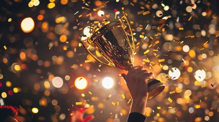 A magnificent golden trophy standing triumphantly in the midst of a glorious glittering confetti celebration. The shiny trophy represents victory and achievement, while the flying confetti adds a sens