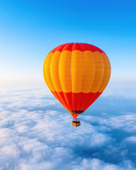 Fototapeta premium vibrant hot air balloon floats above fluffy clouds in clear blue sky