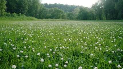 White flowers meadow, green hills background, summer day, nature scene