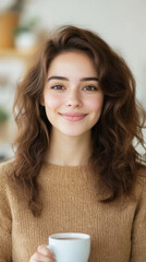 Smiling Young Caucasian Female Holding Coffee Cup Indoors