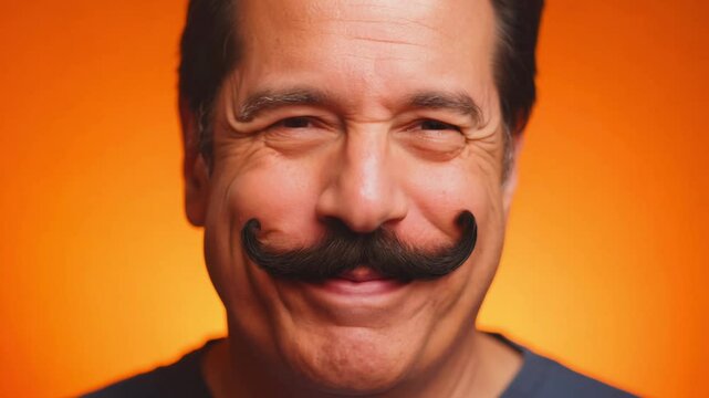 Close-up video of a man with a handlebar mustache and a missing tooth expressing amusement, warm orange lighting, solid orange background