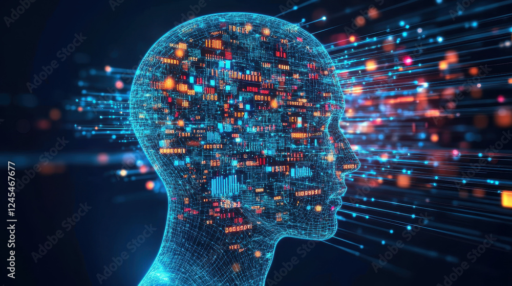 Poster abstract human head profile with glowing digital connections and data flow, symbolizing the concept 