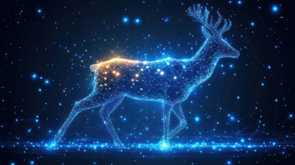 Fototapeta premium Glowing polygonal deer walking in starry night.