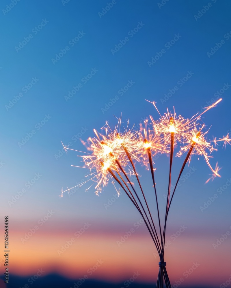 Poster Ethereal Sparkler Display Handheld Wire Fireworks Against Twilight Sky - Capturing Festive Moments in Modern Lifestyle and Event with Ambient Lighting
